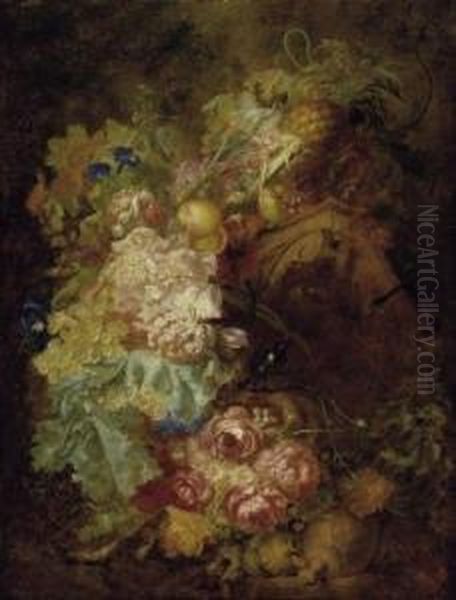 Large Still Life With Roses, 
Grapes And Apples And An Ancient Capital. Also A Singing Little Bird By 
His Nest And A Viper. Oil On Canvas. Relined. 28 X 97cm. Oil Painting by Tobias van Haecht (see Verhaecht)