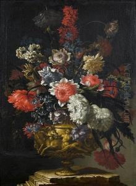 Peonies, Convolvulus And Other 
Flowers In Agolden Vase Decorated With A Classical Low-relief, On A 
Stonepedestal Oil Painting by Andrea Scaccati