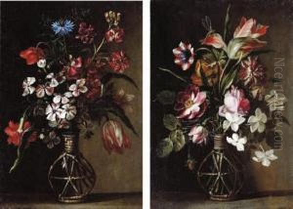 A Cornflower, A Tulip, A 
Carnation And Other Flowers In A Glass Vase On A Stone Ledge; And A 
Tulip, Roses, Jasmine And Other Flowers In A Glass Vase On A Stone 
Ledge, With A Dragonfly Oil Painting by Andrea Scaccati