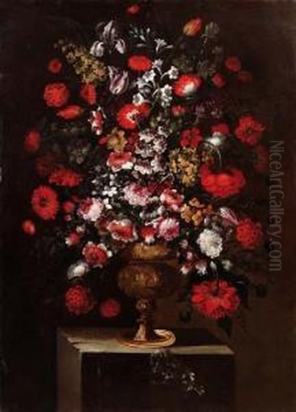 Grande Vaso Metallico Sbalzato 
Su Basamento Roccioso Con Mazzo Di Rose, Garofani, Campanule, Tulipani E
 Altri Fiori Oil Painting by Andrea Scaccati