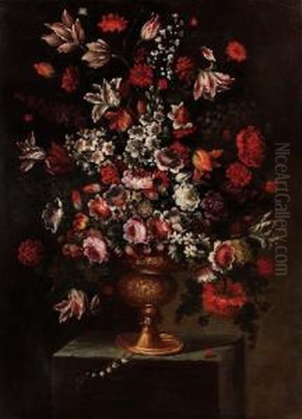 Grande Vaso Metallico Sbalzato 
Su Basamento Roccioso Con Mazzo Di Rose, Tulipani E Altri Fiori Oil Painting by Andrea Scaccati