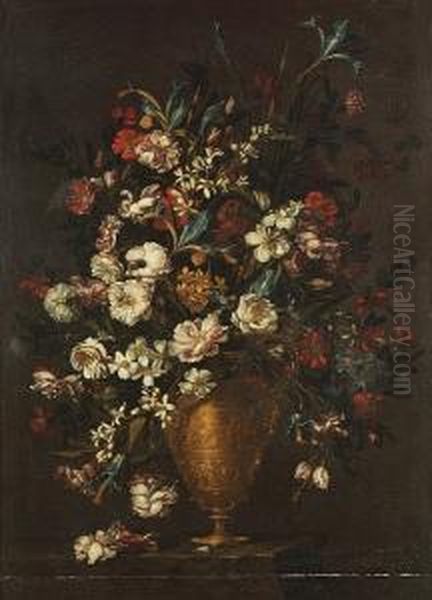 Irises, Roses, Poppies, Narcissi And Other Flowers In A Bronze Urn On A Ledge Oil Painting by Andrea Scaccati
