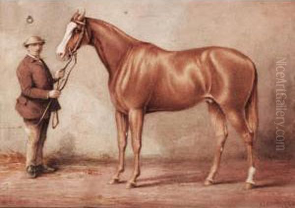 A Chestnut Racehorse In His Stable With His Groom Oil Painting by Robert Richard Scanlan