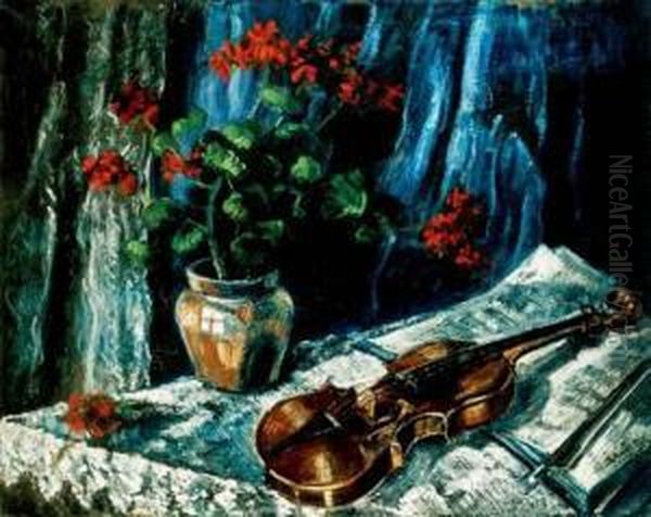 Still Life With A Violin In Front Of Blue Background Oil Painting by Janos Schadl