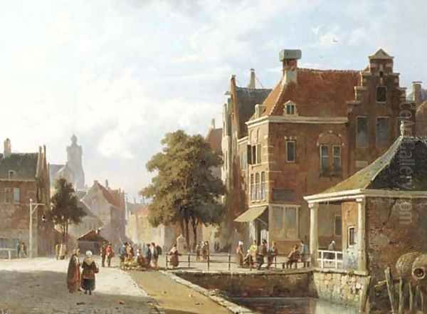 Figures by a canal in a sunlit Dutch town Oil Painting by Adrianus Eversen