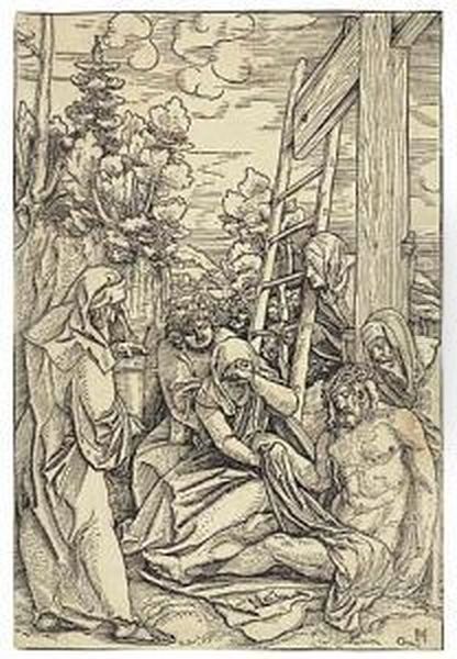 Two Woodcuts.
The Descent From The Cross Oil Painting by Hans Leo. Schauffelin