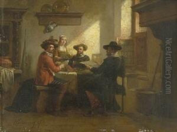 Herrenrunde In Althollandischer
 Stube. Oil Painting by Hendricus Johannes Scheeres