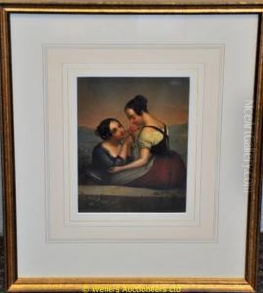 Two Young Ladies Wearing 
Traditional Austrian Costume Smelling A Rose Beside A Stone Wall Oil Painting by Ary Scheffer