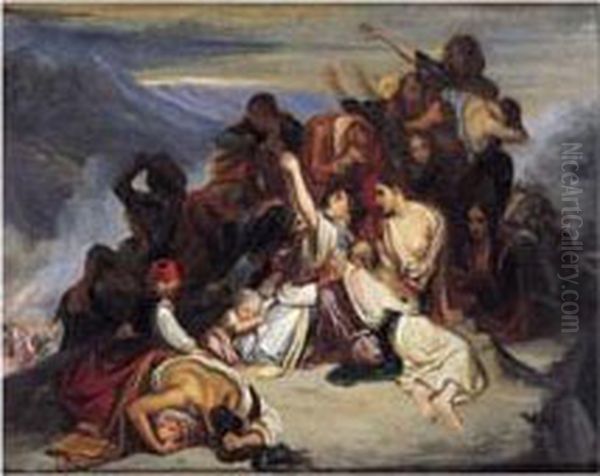 Les Femmes Souliotes Voyant 
Leurs Maris Defaits Par Les Troupes D'ali, Pacha De Janina, Elles 
Prennent La Resolution De Se Precipiter Du Haut Des Rochers. Oil Painting by Ary Scheffer