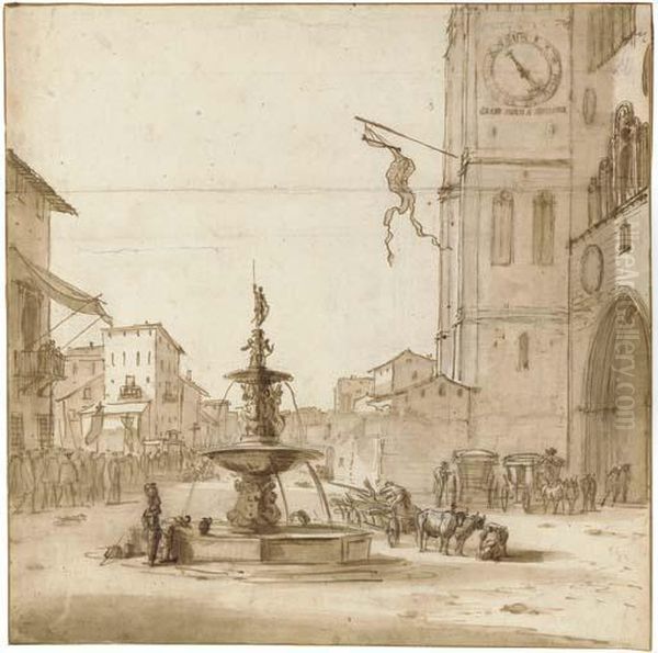 A View Of The Piazza Del Duomo, 
Messina, With The Fountain Oforion, The Cathedral To The Right Oil Painting by Willem Schellinks