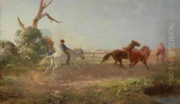Mustering Horses Oil Oncanvas 
Signed 'j.h. Scheltema' Lower Left 44.5 X 75 Cm Provenance:private 
Collection Melbourne Oil Painting by Jan Hendrik Scheltema