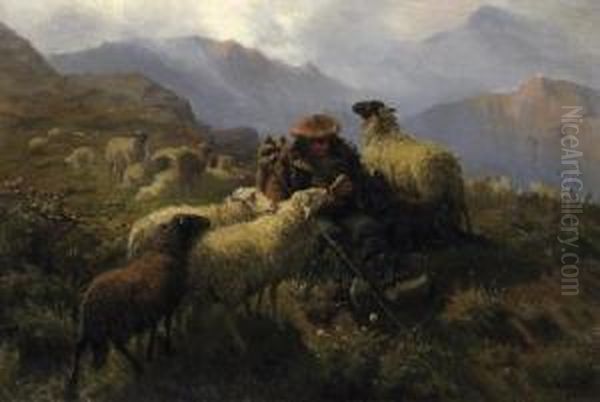 Shepherds And His Sheep In The 
Scottish Highlands. Signed And Dated Bottom Right: Schenck 64 Oil Painting by August Friedrich Schenck