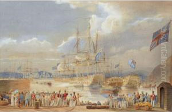 The British Fleet At Anchor, 
Making Ready To Set Sail, Figures Gathered On The Quay In The 
Foreground, Traditionally Identified As Portsmouth Harbour Oil Painting by John Christian Schetky