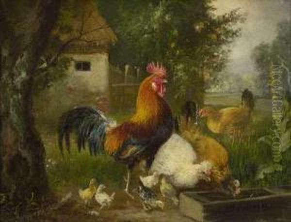 Huhnerhof Oil Painting by Julius Scheurer