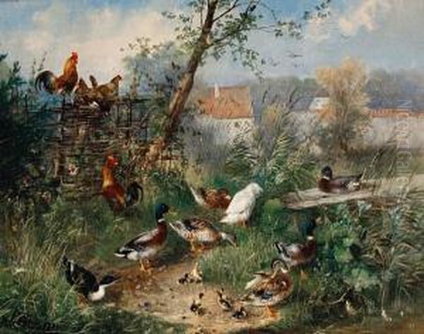 Ducks And Chickens In A Farmyard Oil Painting by Julius Scheurer