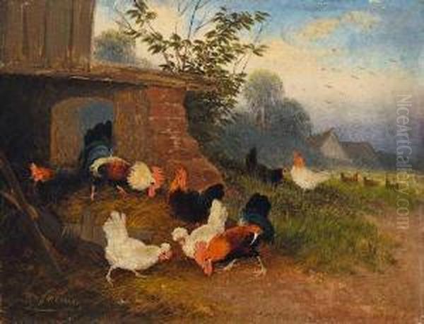 Huhner Am
 Misthaufen Oil Painting by Otto Scheuerer