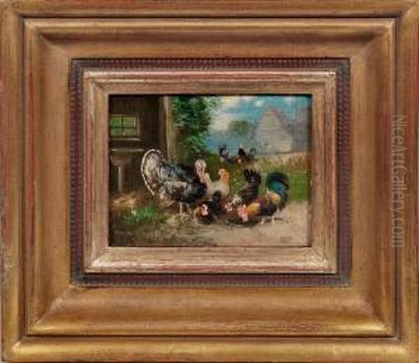 Vogelgruppe Mit Huhnernund Truthahn Oil Painting by Otto Scheuerer