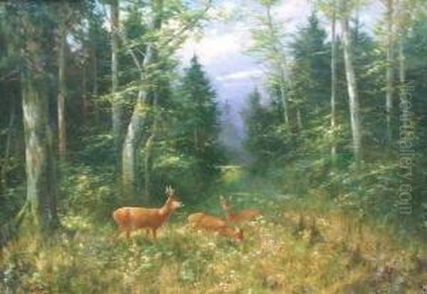 Rehe Auf Einer Waldlichtung Oil Painting by Otto Scheuerer