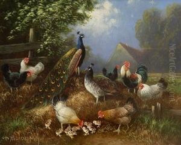 Pfau, Pfauhenne, Hahn, Huhner Und
 Kuken Oil Painting by Otto Scheuerer