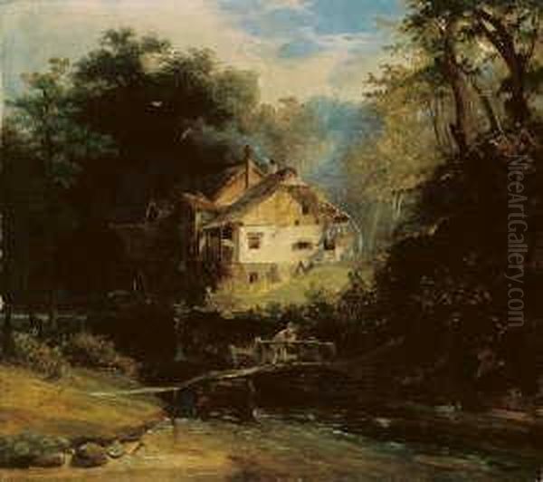 Bewaldete Landschaft Mit Einer 
Wassermuhle. Signiert Und Datiert Unten Links: C. Scheuren 1860. Ol Auf 
Leinwand. H 32; B 37 Cm. Oil Painting by Caspar Johann Nepomuk Scheuren