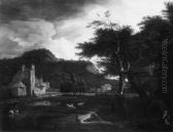 Umkreis Mittelgebirgslandschaft 
Mit Einer Burg An Einem Wasserlauf. Ol Auf Leinwand . H 75; B 96 Cm Oil Painting by Caspar Johann Nepomuk Scheuren