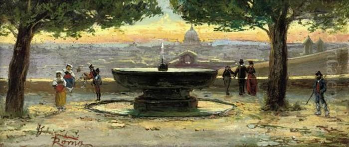 The Fountain At The Villa Borghese, Rome Oil Painting by Federico Schianchi