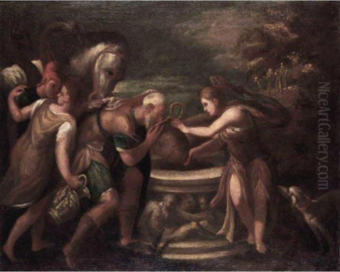 Rebecca And Eleazar Oil Painting by Andrea Meldolla Schiavone