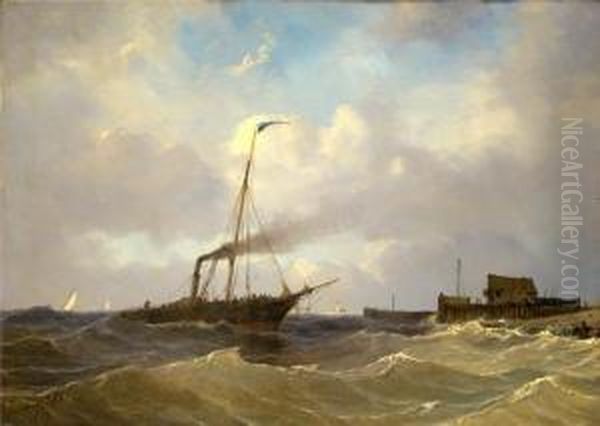 Dampfschiff An Bewegter Meereskuste Oil Painting by Petrus Paulus Schiedges