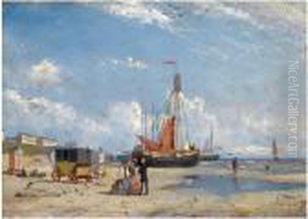 Figures On Scheveningen Beach Near The Badhotel And Paviljoen Vonwied Oil Painting by Petrus Paulus Schiedges