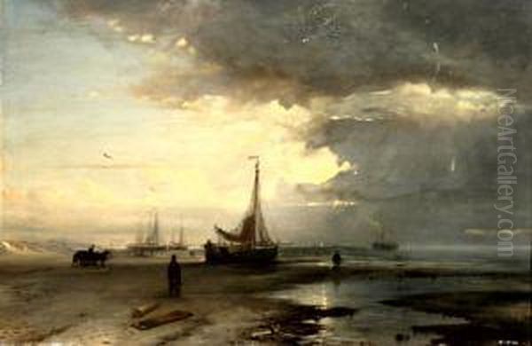 Toegeschreven Aan Vissersschepen
 Op Het Strand Bij Ondergaande Zon. Ongesigneerd. Verso Sticker Met 
Signatuur Oil Painting by Petrus Paulus Schiedges