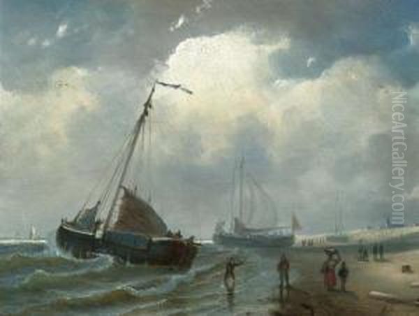Fishing Boats On The Coast. Oil Painting by Petrus Paulus Schiedges