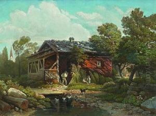 Vater Mit Kindern Vor Dem
 Bauernhaus. Oil Painting by Traugott Schiess