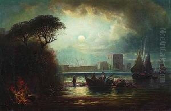 Sudliche Kustenlandschaft Bei
 Mondlicht. Oil Painting by Robert August Rudolf Schietzold