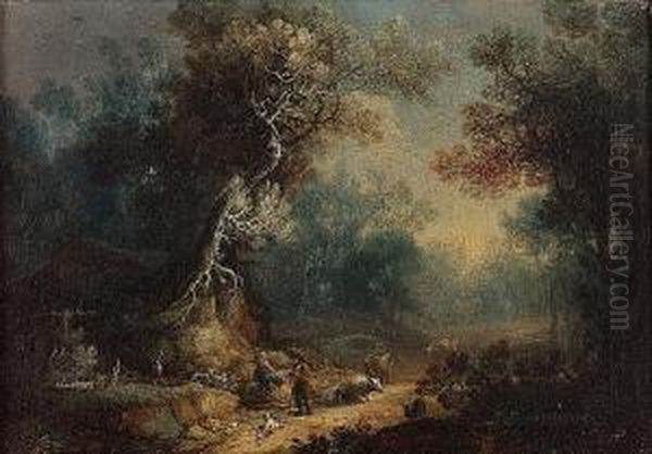 A Wooded Landscape With A Drover
 And Cattle On A Track; And A Wooded Landscape With Peasants Resting By A
 Tree Oil Painting by Maximilian Joseph Schinnagl