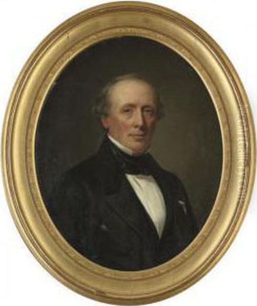 Portrait Of F. Wichfeld 
(1800-1888), Quarter-length, In A Black Suit With White Shirt And A 
Medal; And Portrait Of V. Wichfeld (1822-1908), Quarter-length, In A 
Black Dress With Lace Trim, A Bow In Her Hair Oil Painting by August Heinrich Schiott