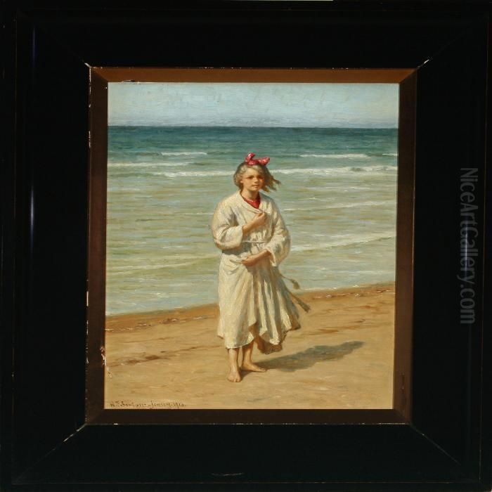 Beach With Blond Girl In White Robe Oil Painting by Niels Frederik Schiottz-Jensen