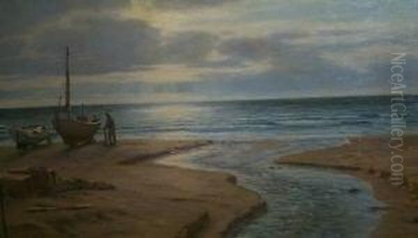 Kustenlandschaft Mit Pril Und 
Zwei Kleinen Fischerbooten Mit Fischer. Unten Links Signiert N. F. 
Schiottz-jensen 1910 Oil Painting by Niels Frederik Schiottz-Jensen