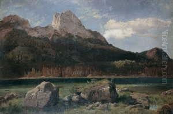 Am Hintersee Bei
 Berchtesgaden.

 Monogrammiert Unten Rechts: S.

 Ol Auf Karton. H 45,5; B 67 Oil Painting by Johann Wilhelm Schirmer
