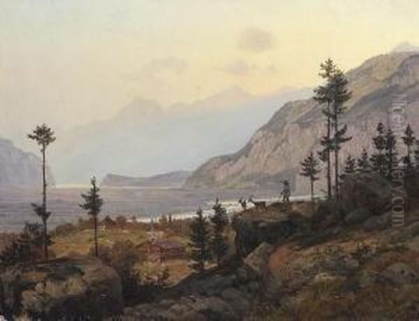 Blick In Ein Weites Flusstal Im
 Gebirge Oil Painting by Johann Wilhelm Schirmer