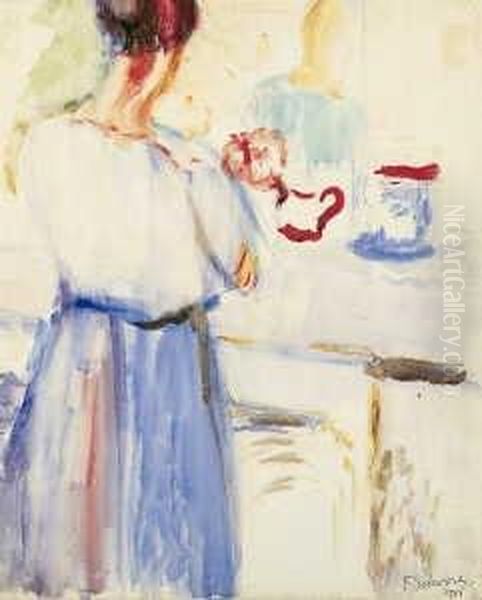 Femme Attablee. Ruckseitig: Le Dejeuner Oil Painting by Ferdinand Schirren