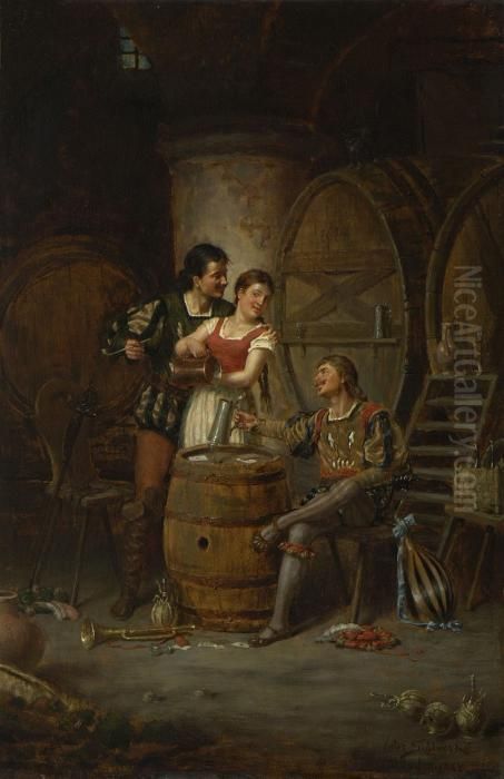 Zechende Musikanten Im Weinkeller. Oil Painting by Viktor Schivert