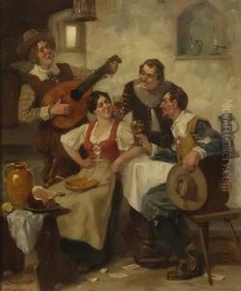 Zechende Gesellschaft In Der
 Stube. Oil Painting by Viktor Schivert