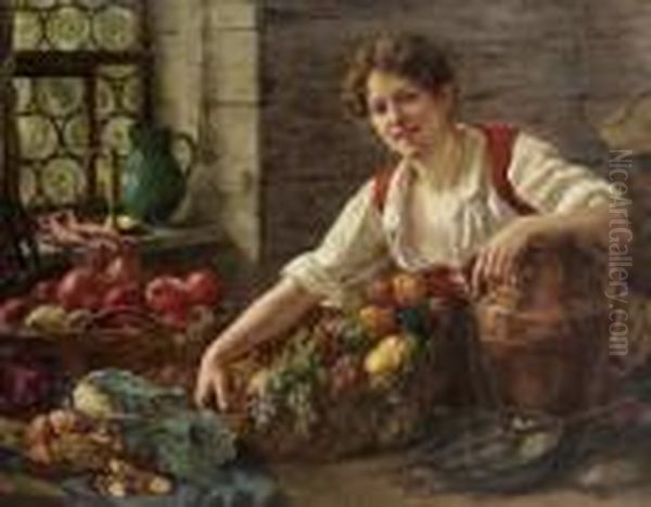 Junge Magd Mit Obst Und
 Gemuse. Oil Painting by August Friedrich Schlegel