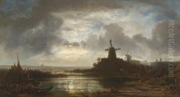 Hollandische Kustenlandschaft Mit
 Windmuhlen Bei Mondschein. Oil Painting by Eduard I Schleich