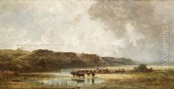 Kuhe An Der Tranke Im
 Isartal. Oil Painting by Eduard I Schleich