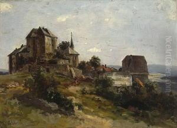 Blick Auf Ein Dorf Mit
 Burg. Oil Painting by Eduard Ii Schleich