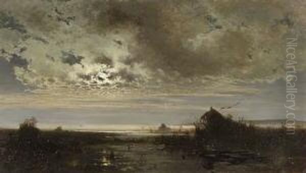 Moorlandschaft Bei
 Sonnenuntergangsstimmung Oil Painting by Eduard Ii Schleich