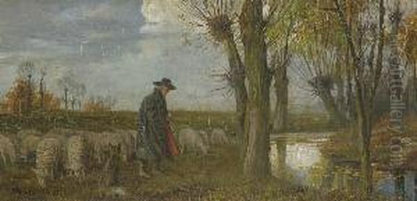 Hirte Mit Schafen Am
 Bach. Oil Painting by Robert Schleich