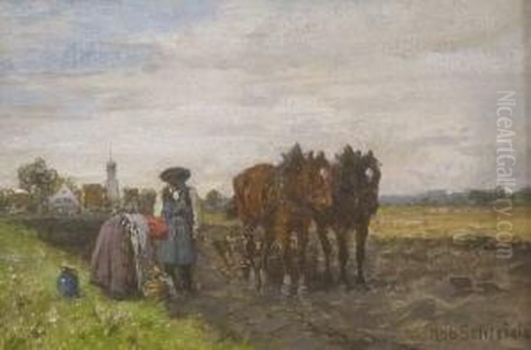 Bauernpaar Mit Pferdegespann Auf
 Dem Acker. Oil Painting by Robert Schleich