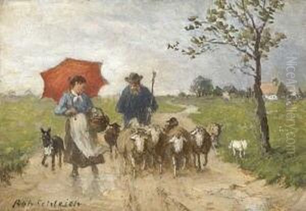 Schafer Und Magd Auf Dem
 Feldweg. Oil Painting by Robert Schleich